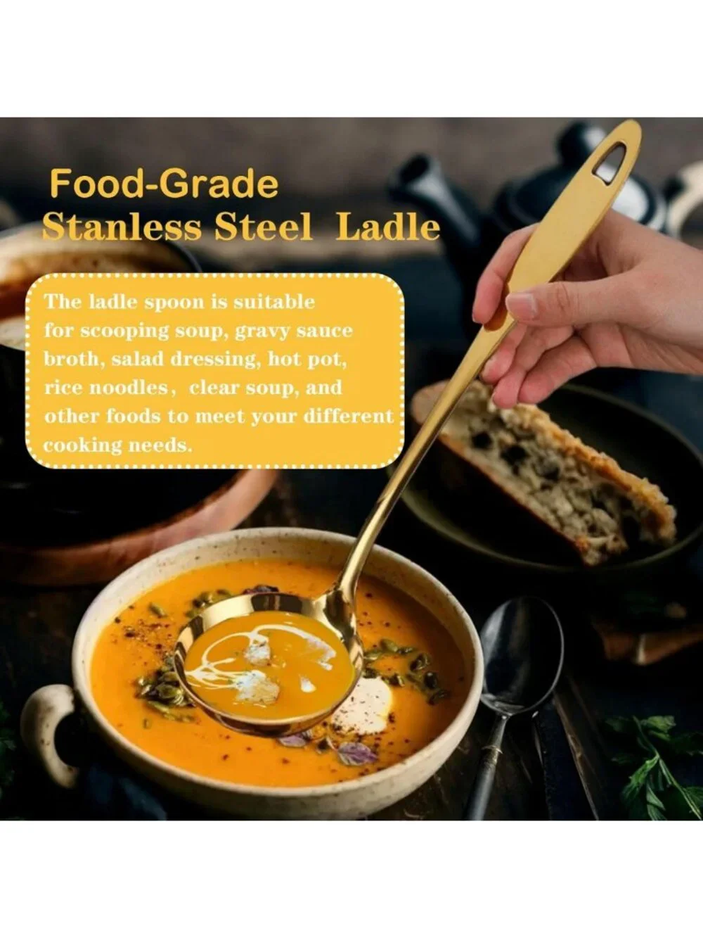 Set of 2 Stainless Steel Soup Ladles - Long Handle Serving Spoon for Cooking
